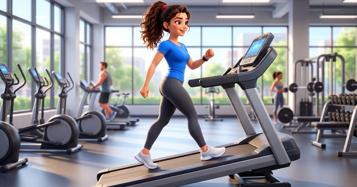 Animated character walking uphill on an incline treadmill