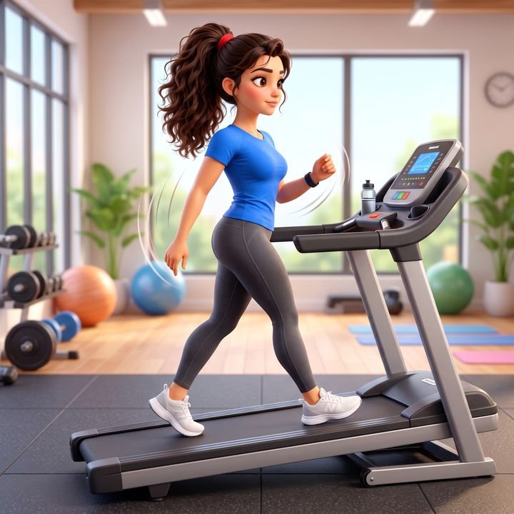 Side view of an animated character walking at a steady pace on an inclined treadmill