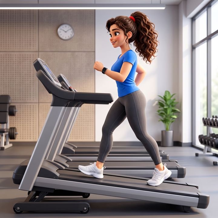 Animated character walking on an incline treadmill in a bright gym