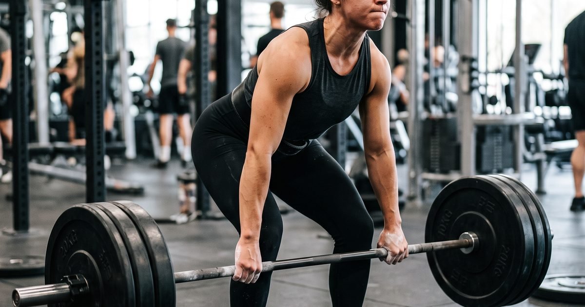 An athlete mid-deadlift lifting a heavily loaded barbell off the gym floor