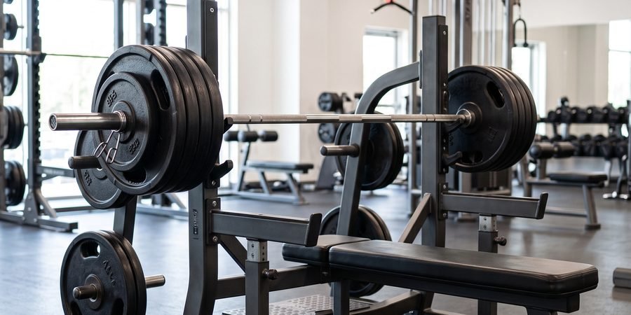 A barbell loaded with weight plates racked on a bench press station in a gym