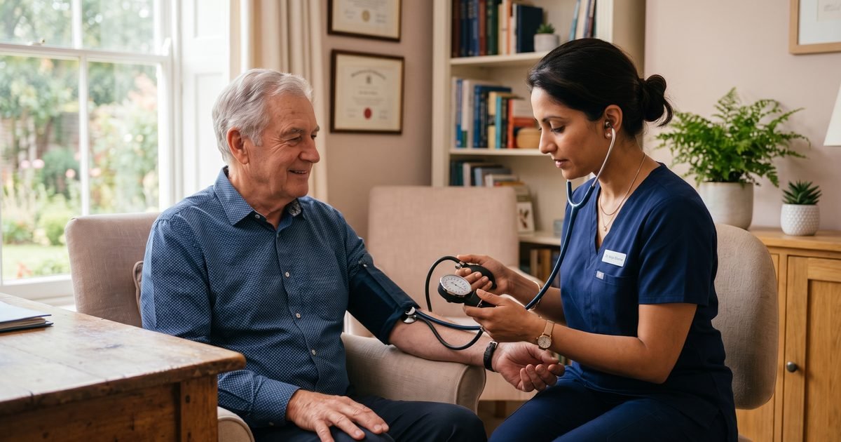 A blood pressure monitor cuff and digital display on a table