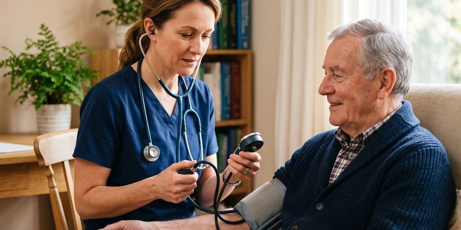 A doctor measuring an older patient's blood pressure during a check-up
