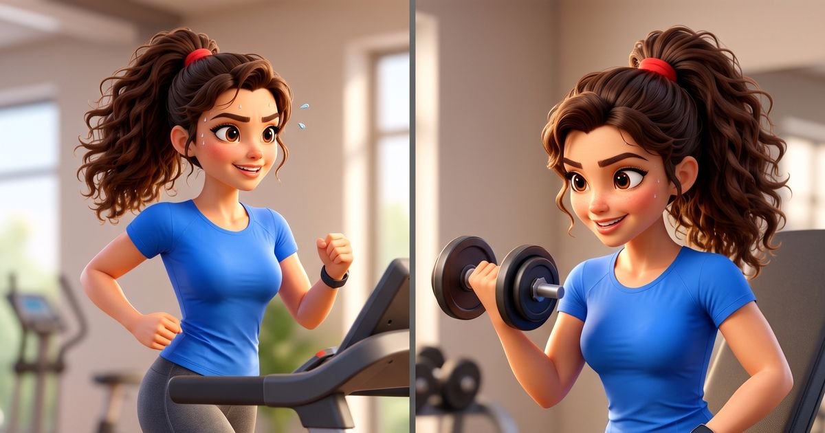 Animated character choosing between a treadmill run and a dumbbell curl in a gym