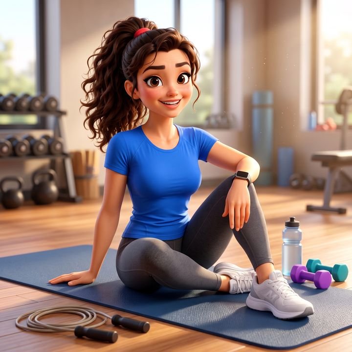 Animated character sitting on an exercise mat with dumbbells, a skipping rope and a water bottle