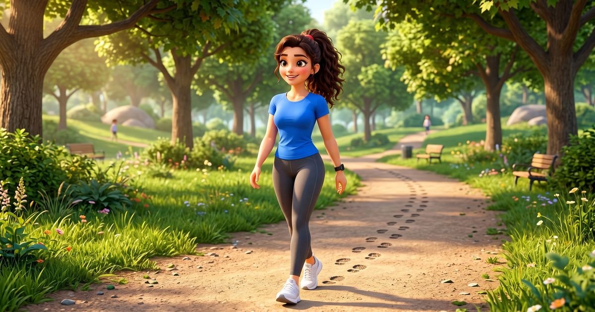 Animated character walking along a park path with a wrist step counter