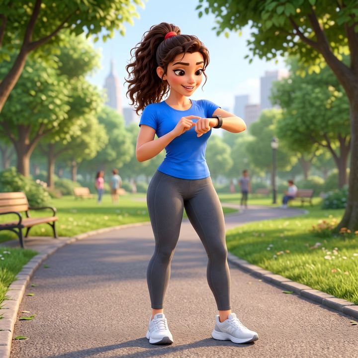 Animated character checking a smartwatch step count in a park