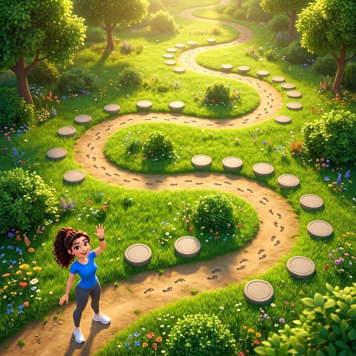 Winding park path marked with footprints and stepping stones, with an animated character waving