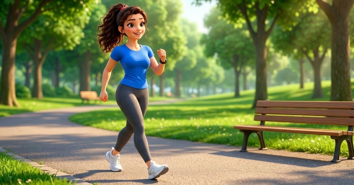 Animated character walking briskly along a park path wearing a smartwatch