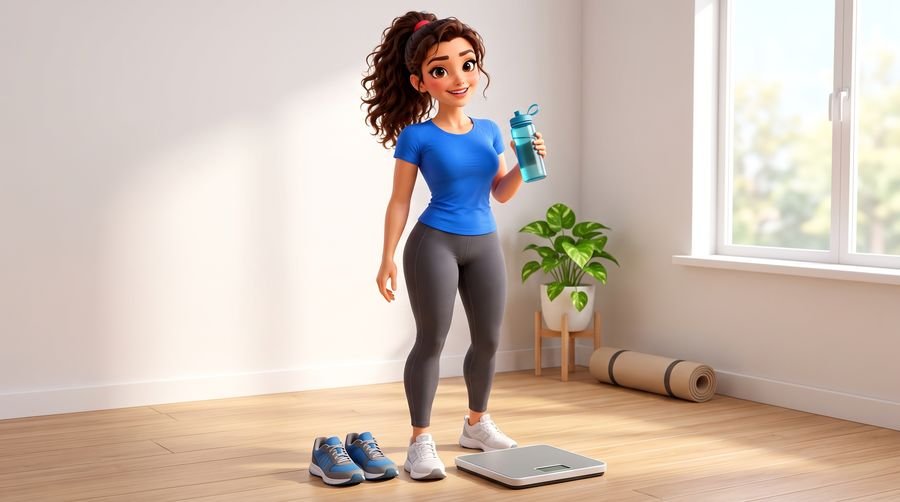 Animated character holding a water bottle beside running shoes and a bathroom scale