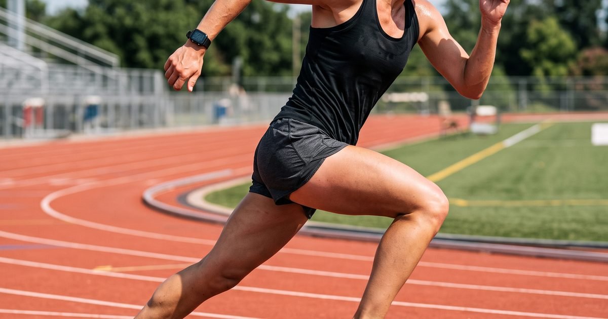 A person doing interval training outdoors, alternating between a hard sprint effort and an easy jog on a running track