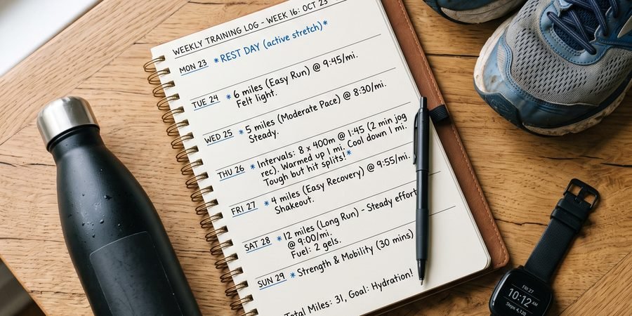 A weekly training calendar with a mix of easy, moderate and interval workout sessions marked out