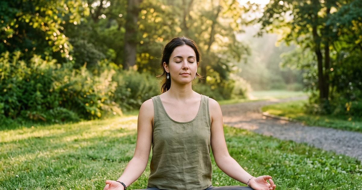 A person doing slow controlled breathing exercises outdoors in the early morning, eyes closed, calm posture