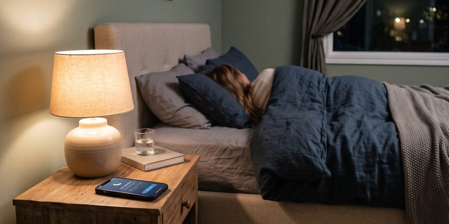A tidy bedroom at night with a phone showing a sleep schedule reminder on the nightstand