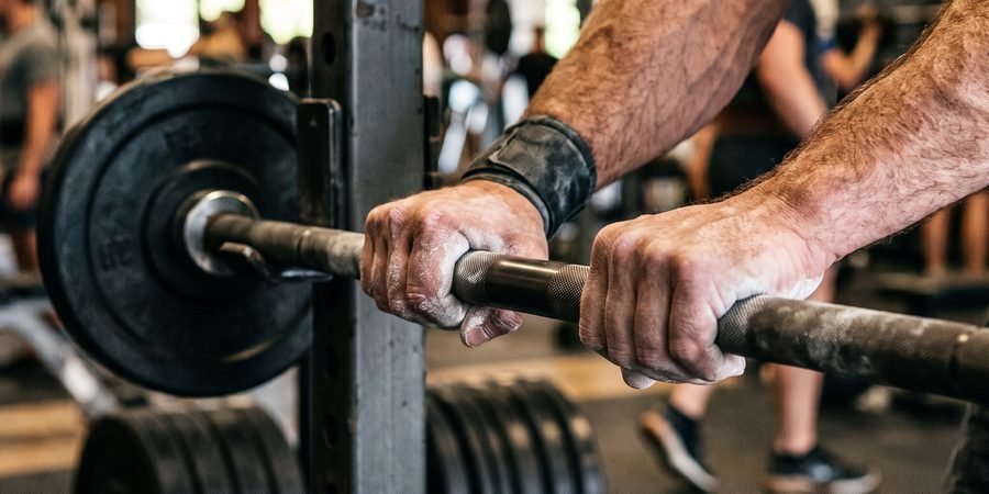 Close-up of chalked hands gripping a loaded barbell on a squat rack in a gym