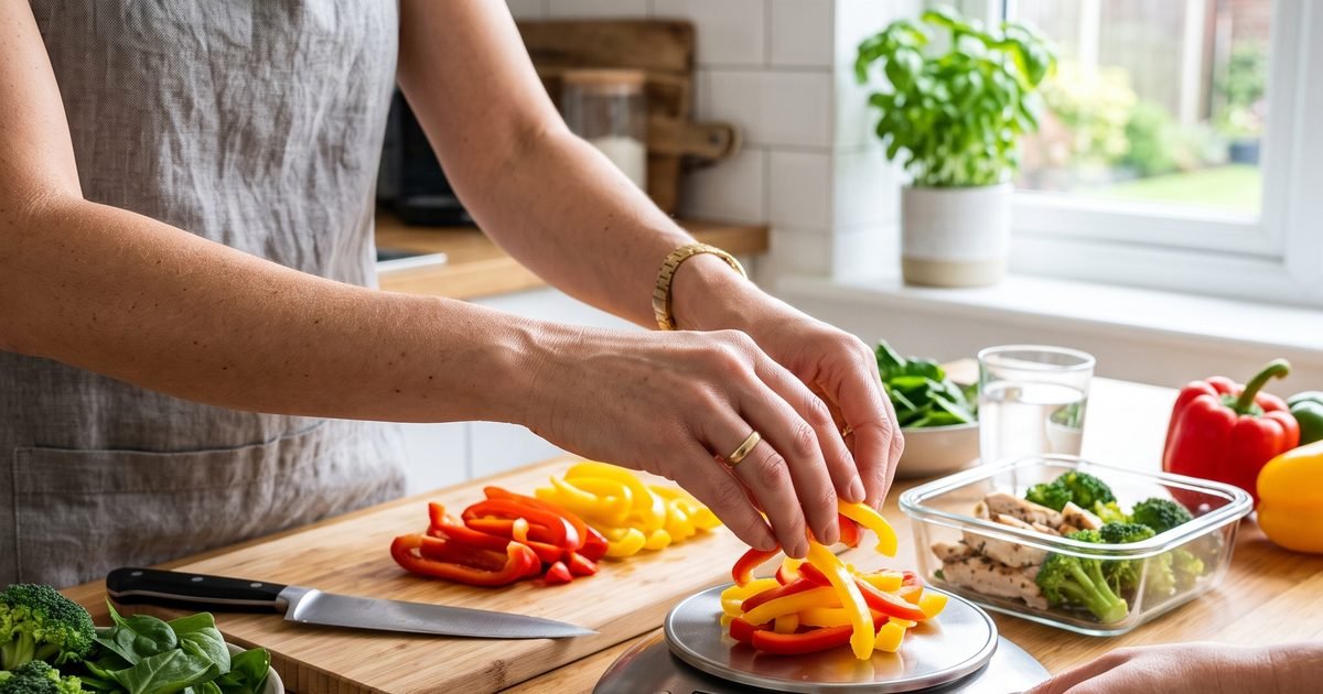 A person preparing a healthy portioned meal with vegetables and lean protein on a kitchen scale