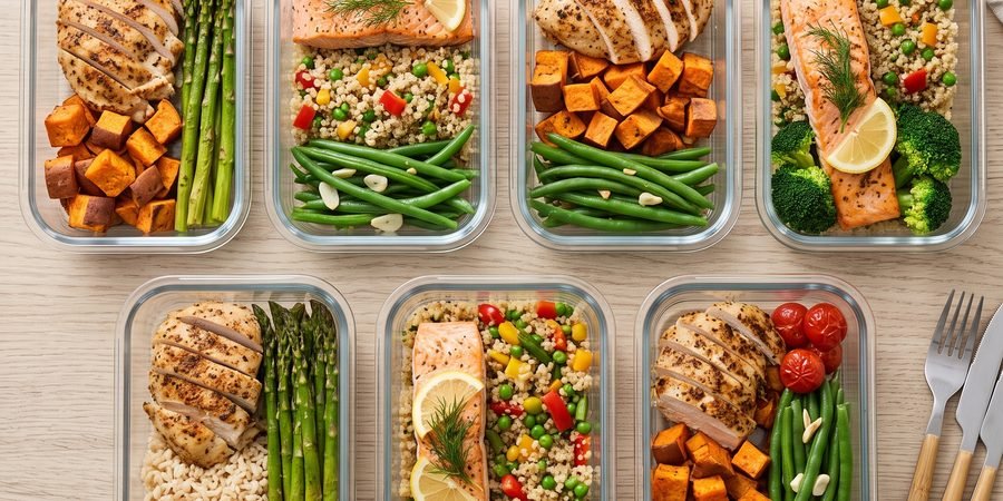 A weekly meal prep spread of portioned containers with balanced protein, vegetables and carbohydrates