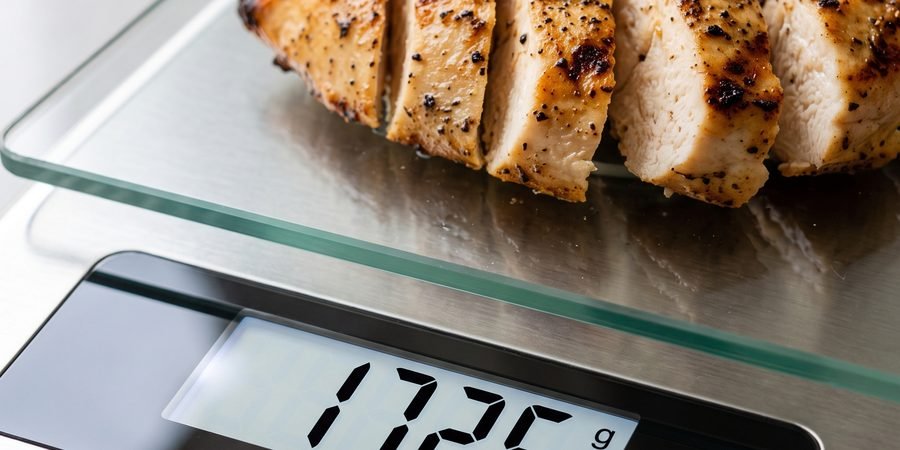 A kitchen scale weighing out a portion of cooked chicken breast for meal prep