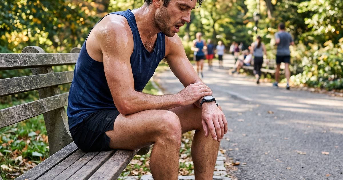 A fit adult sitting down and checking a fitness watch immediately after finishing a hard outdoor run