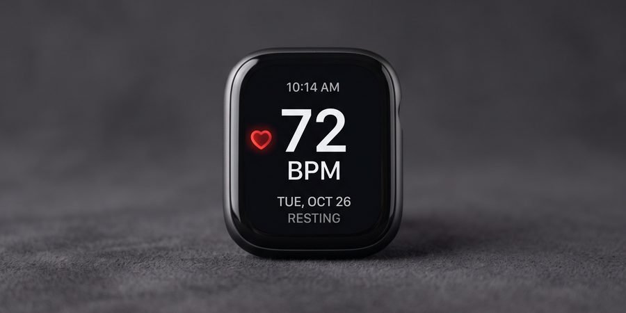 Close-up of a smartwatch screen displaying a heart rate reading during a rest period