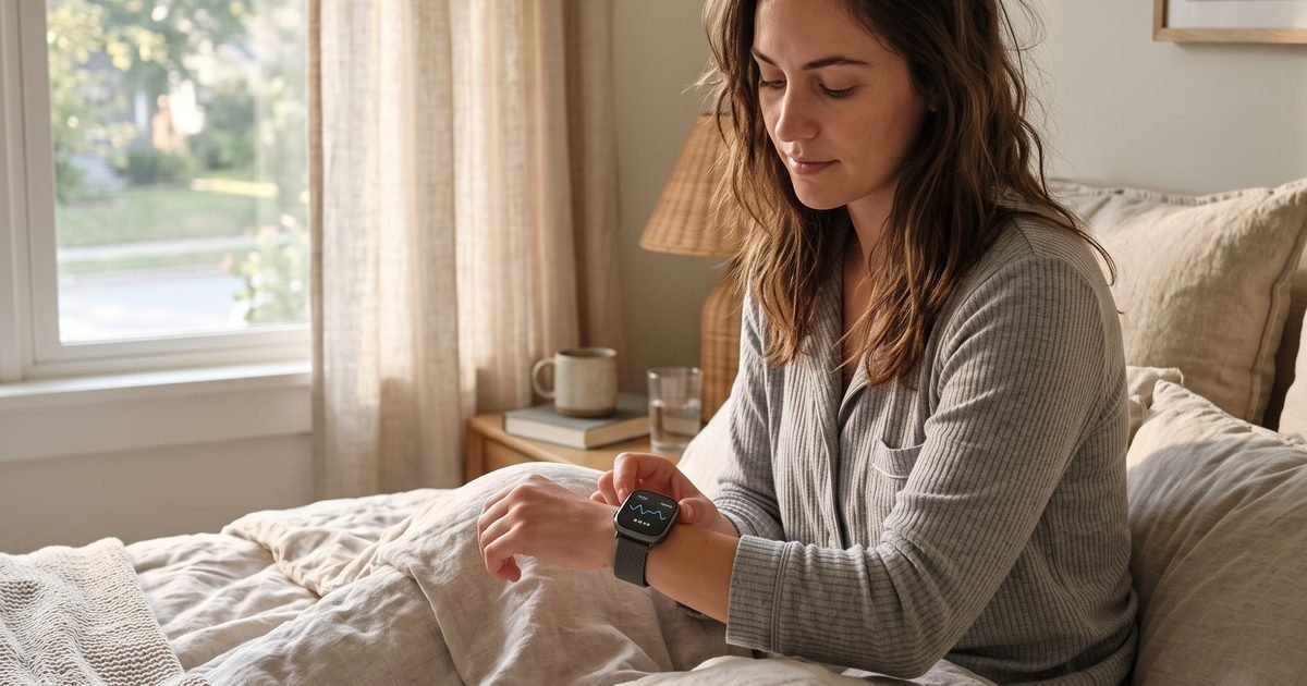 A person checking their heart rate variability reading on a smartwatch first thing in the morning while still in bed