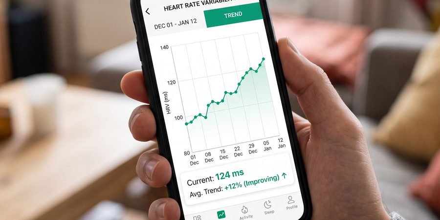 A heart rate variability trend graph on a smartphone app showing daily readings over several weeks