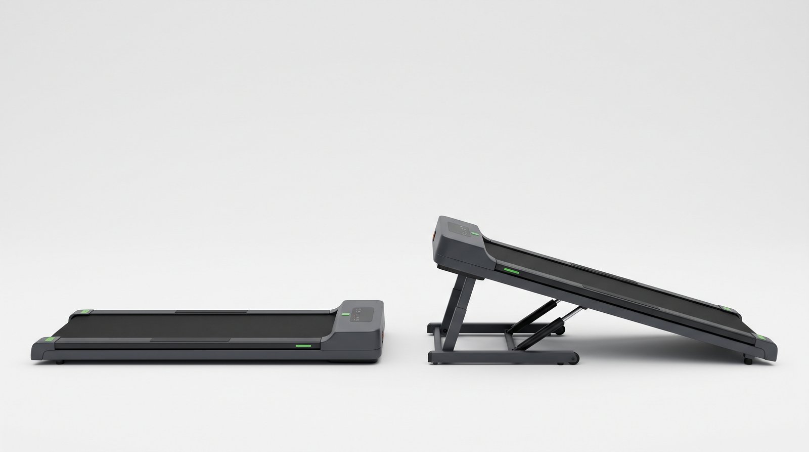 Side view comparison of the same walking pad lying flat on the left and raised on an incline on the right