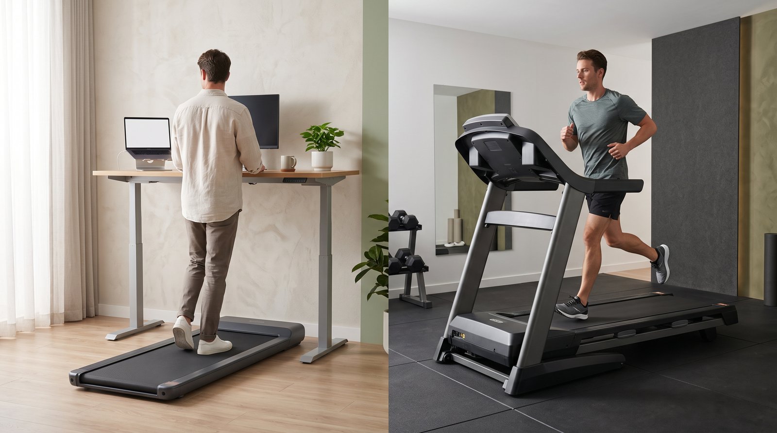 Split comparison: a man walking at a standing desk on a walking pad on the left, and a man jogging on a full-size treadmill in a home gym on the right