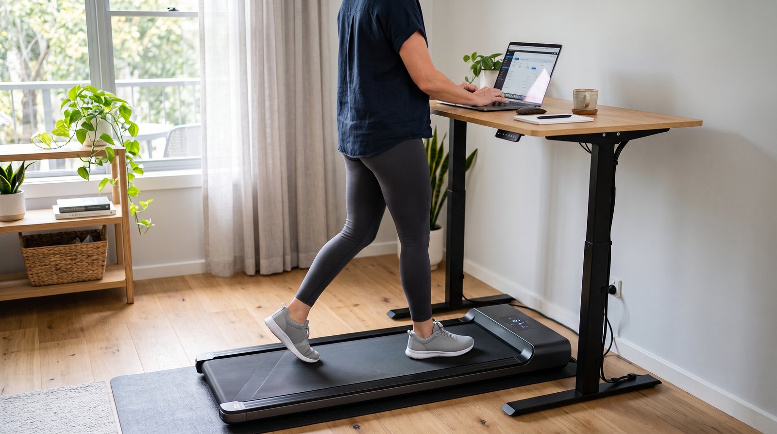 Person walking on a compact walking pad while working on a laptop at a standing desk