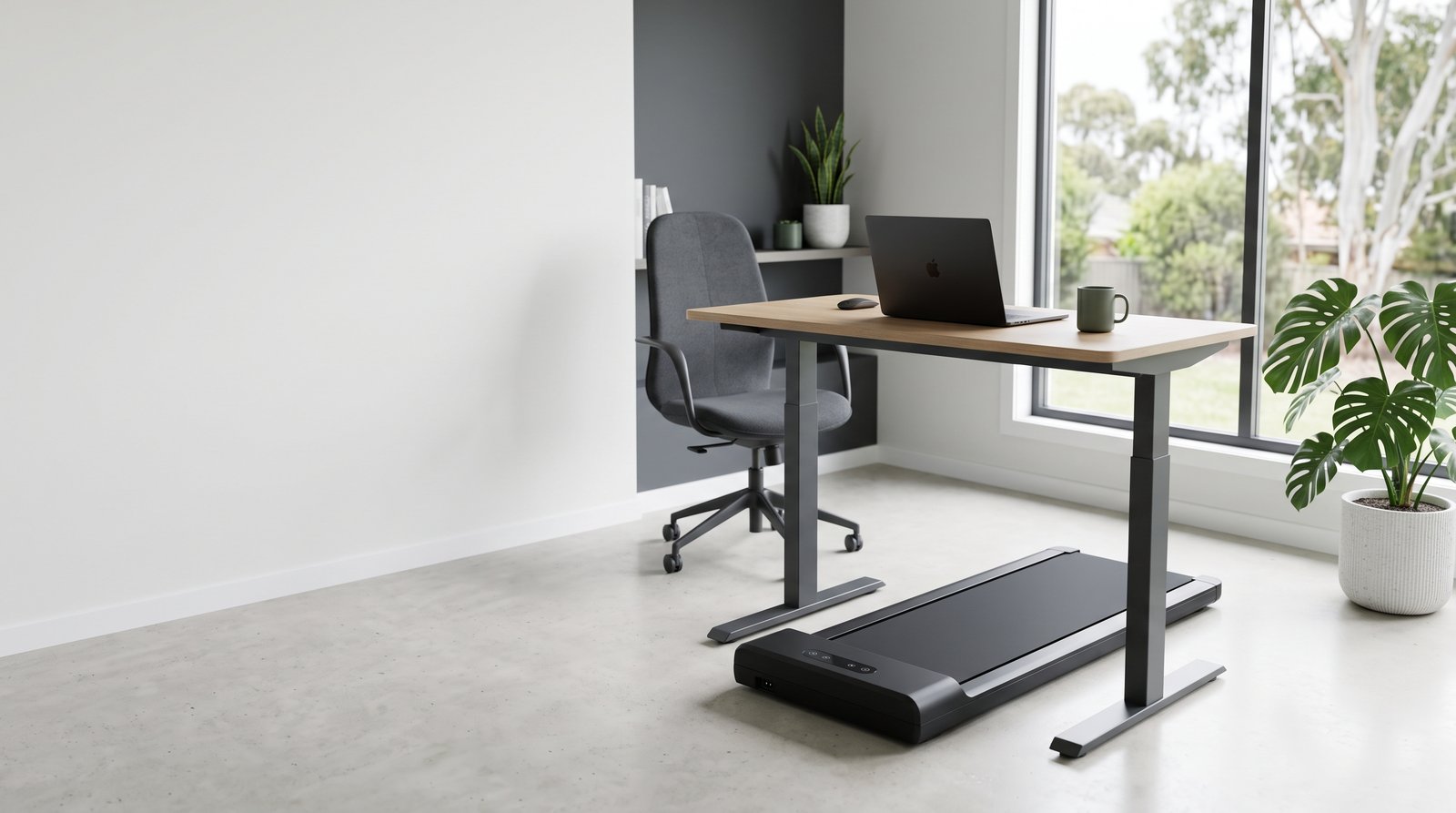 Home office with a slim walking pad positioned under a wooden standing desk beside a window with garden views