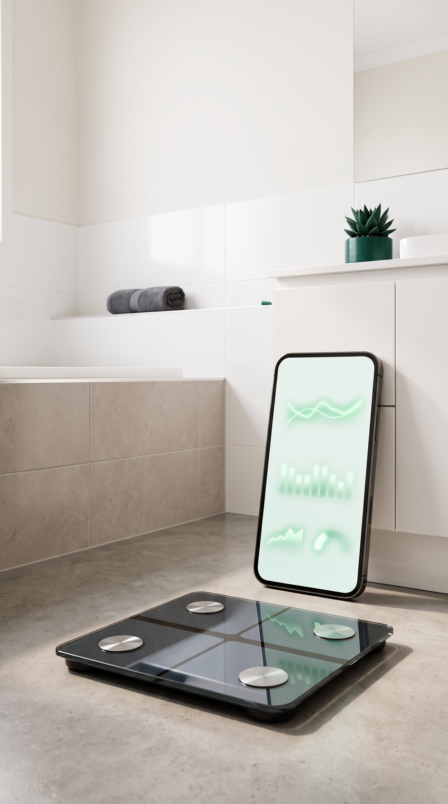 A smart bathroom scale on a bathroom floor next to a smartphone displaying a body composition tracking app